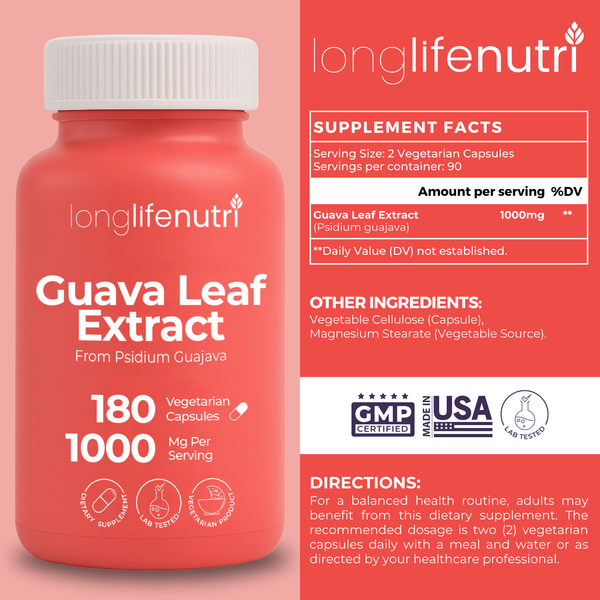 Guava Leaf Extract 1000mg - 180 Vegetarian Capsules, From Psidium Guajava
