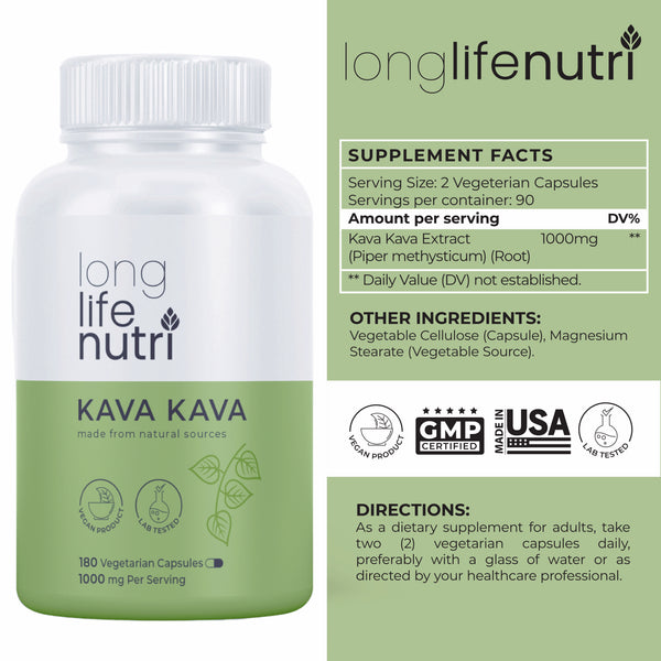 Kava Kava 1000mg - 180 Vegetarian Capsules LongLifeNutri