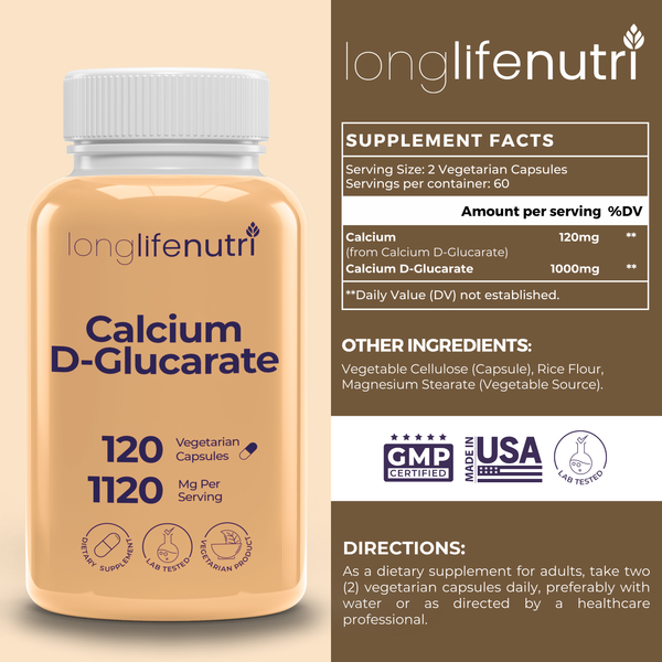 Calcium D-Glucarate 1120mg - 120 Vegetarian Capsules for Detox Support