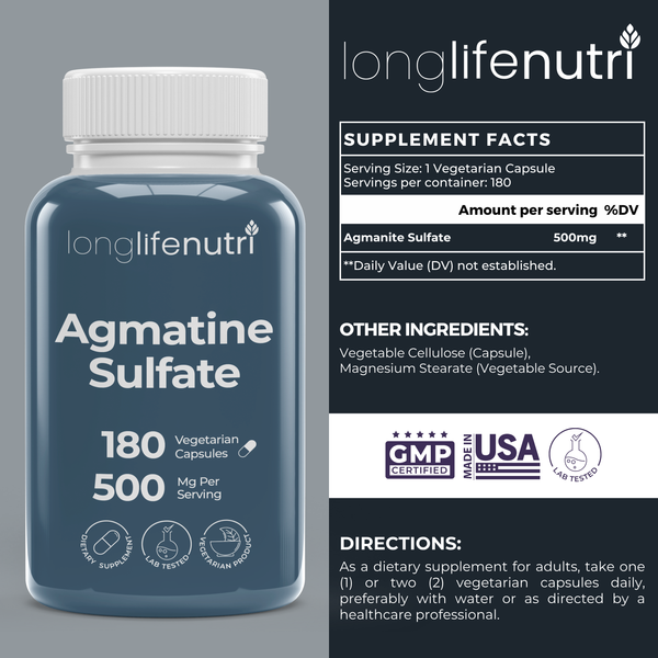 Agmatine Sulfate 500mg - 180 Vegetarian Capsules, Supplement for Muscle Recovery & Stamina