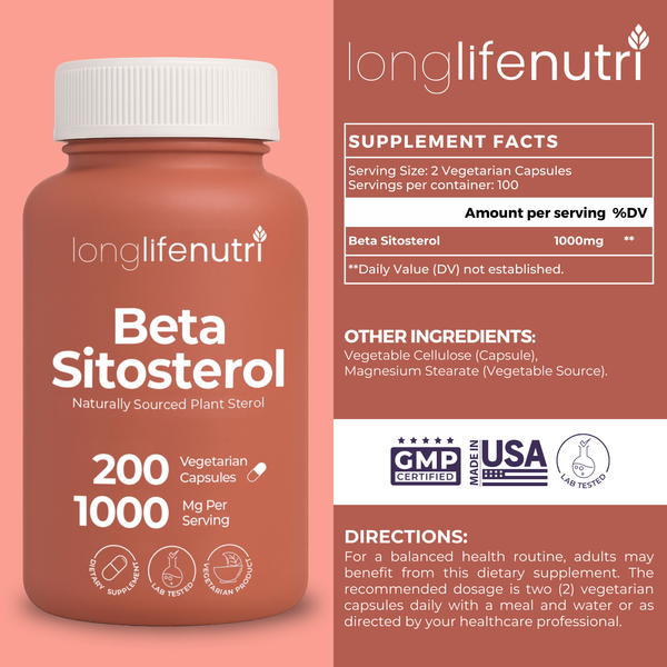 Beta Sitosterol 1000mg - 200 Vegetarian Capsules, Phytosterols Supplement