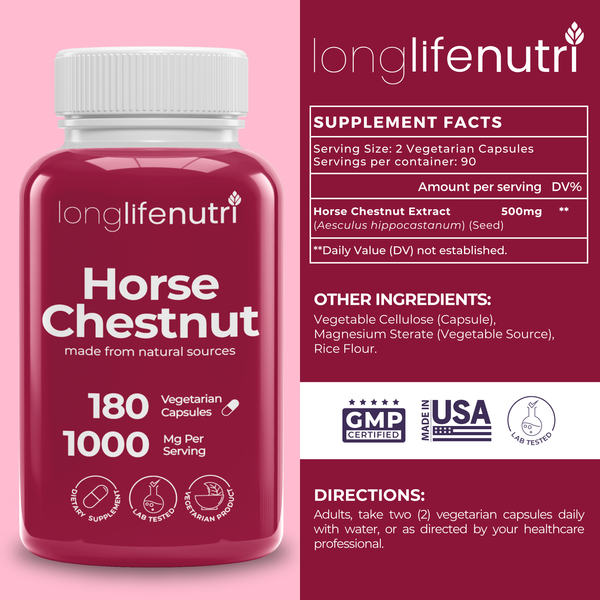 Horse Chestnut 500mg - 180 Vegetarian Capsules for Daily Wellness & Circulation