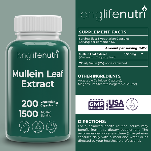 Mullein Leaf 1,500mg - 200 Vegetarian Capsules