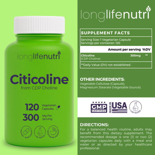 Citicoline 300mg - 120 Vegetarian Capsules, CDP Choline for Brain Performance