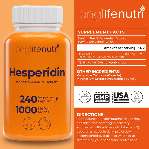 Hesperidin 1000mg for Cardiovascular Health, 4-Month Supply, Made in USA