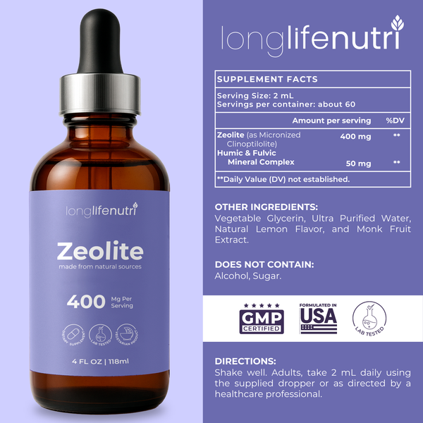 Zeolite Clinoptilolite 400mg - 4 Fl Oz Liquid Mineral Supplement, Humic & Fulvic Complex, GMP Certified