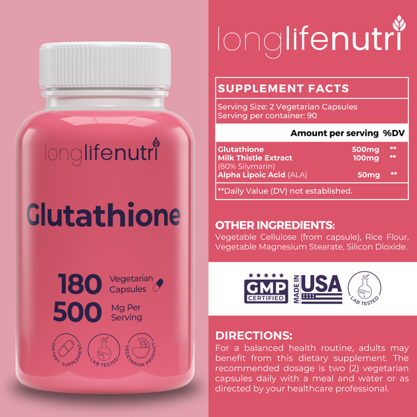Reduced Glutathione 500mg – 180 Vegetarian Capsules, Natural Antioxidant