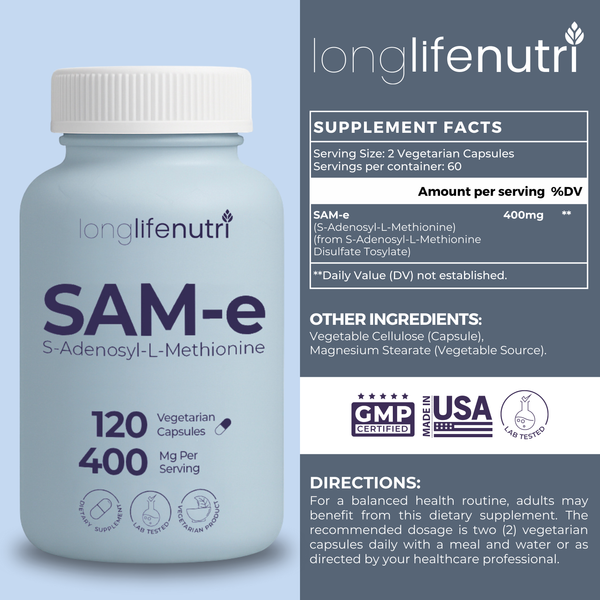 SAM-e Supplement 400mg - 120 Vegetarian Capsules, For Mobility & Flexibility