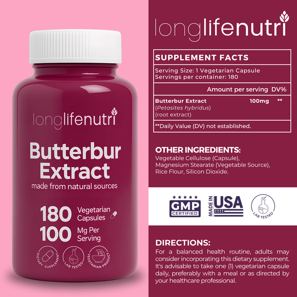 Butterbur Extract 100mg - 180 Vegetarian Capsules for Head Comfort & Neural Calm