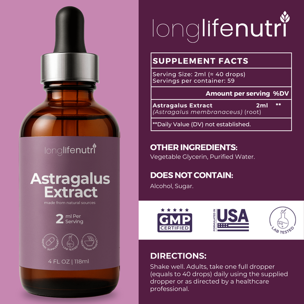 Astragalus Extract Liquid Drops - 4 FL OZ for Energy & Vitality, GMP Certified