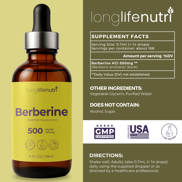 Berberine Liquid - 4 FL OZ for Gut Balance & Natural Energy, Raspberry Flavor