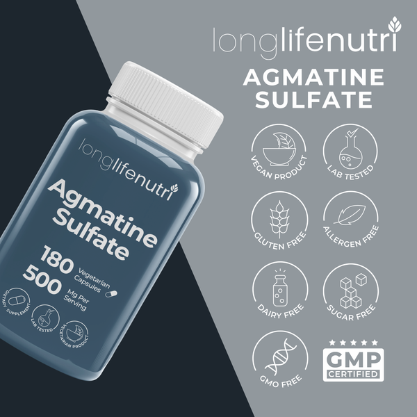 Agmatine Sulfate 500mg - 180 Vegetarian Capsules, Supplement for Muscle Recovery & Stamina
