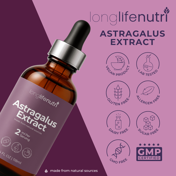 Astragalus Extract Liquid Drops - 4 FL OZ for Energy & Vitality, GMP Certified