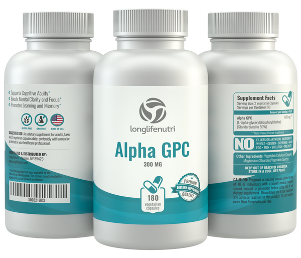 Alpha GPC Choline 300 mg - 180 Vegetarian Capsules LongLifeNutri