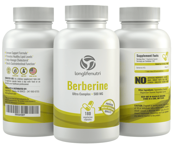 Berberine HCL 500 mg - 180 Vegetarian Capsules LongLifeNutri