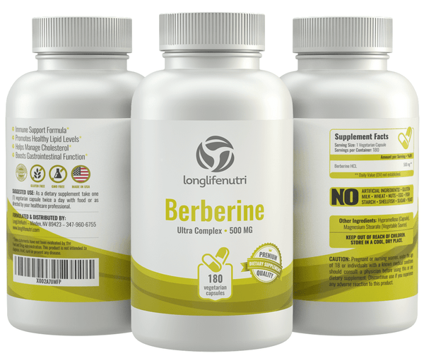 Berberine HCL 500 mg - 180 Vegetarian Capsules - LongLifeNutri