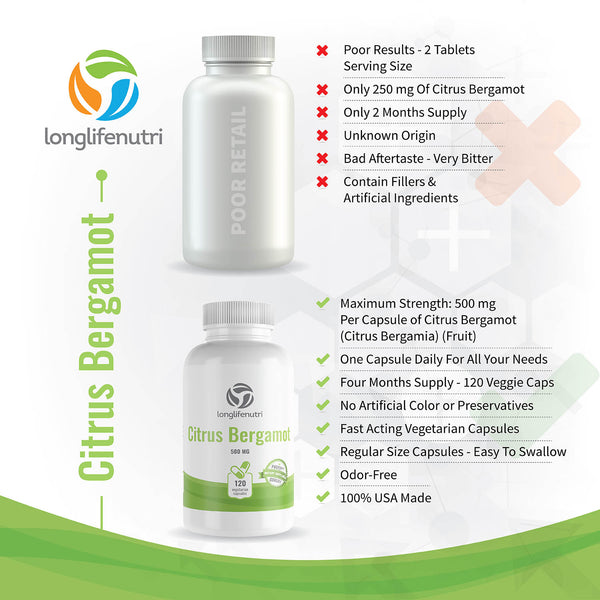 Citrus Bergamot 500mg - 120 Vegetarian Capsules - LongLifeNutri