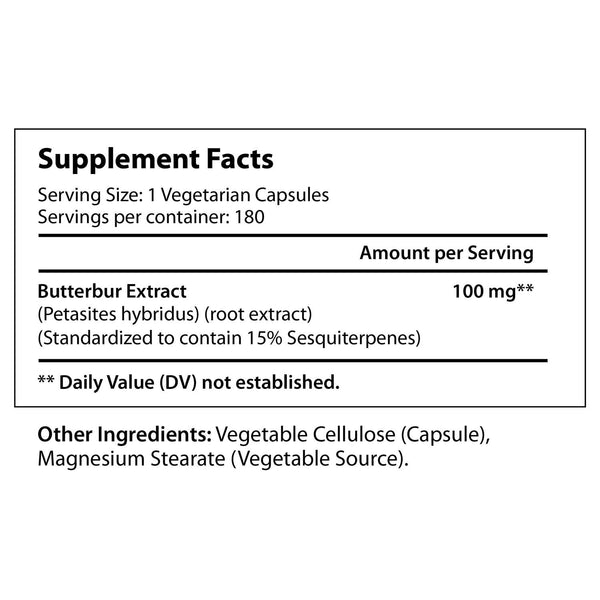 Butterbur Extract 100 mg - 180 Vegetarian Capsules LongLifeNutri