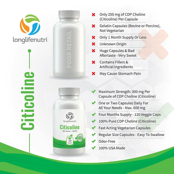 Citicoline CDP Choline 300mg - 120 Vegetarian Capsules LongLifeNutri