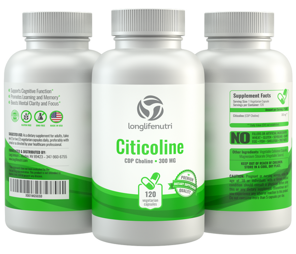 Citicoline CDP Choline 300mg - 120 Vegetarian Capsules LongLifeNutri