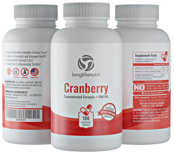 Cranberry 25,000 mg with Vitamin C & E - 180 Vegetarian Capsules - LongLifeNutri