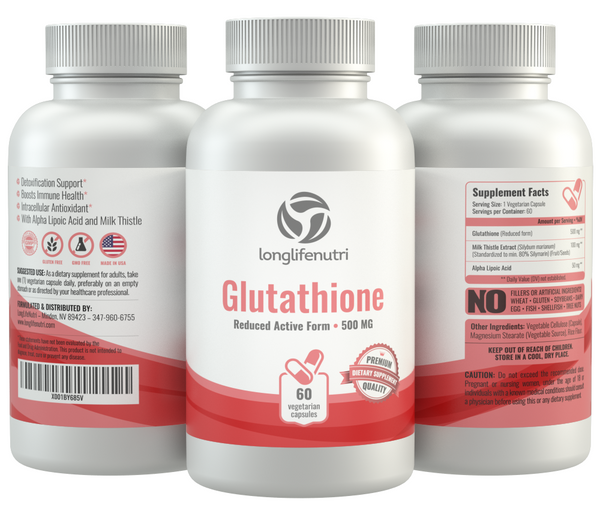 Reduced Glutathione 500 mg with Milk Thistle and Alpha Lipoic Acid LongLifeNutri