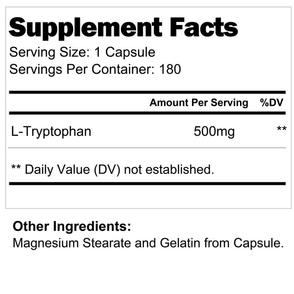 L-Tryptophan 500 mg - 180 Vegetarian Capsules LongLifeNutri