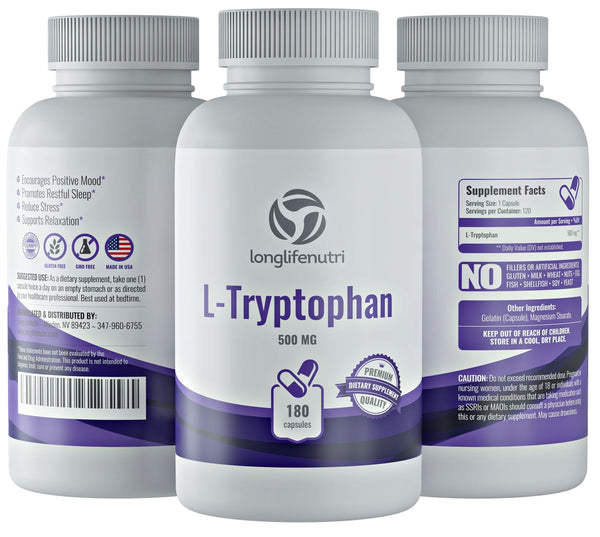 L-Tryptophan 500 mg - 180 Vegetarian Capsules LongLifeNutri