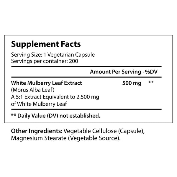 White Mulberry Leaf Extract 2,500mg - 200 Vegetarian Capsules - LongLifeNutri