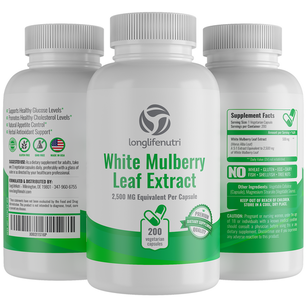 White Mulberry Leaf Extract 2,500mg - 200 Vegetarian Capsules - LongLifeNutri