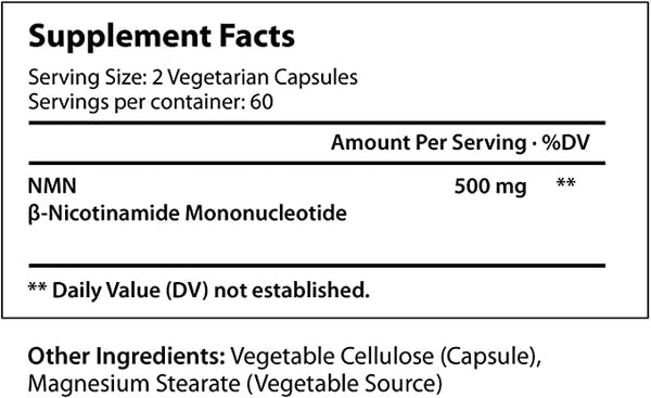 NMN Nicotinamide Mononucleotide 500mg - 60 Vegetarian Capsules LongLifeNutri