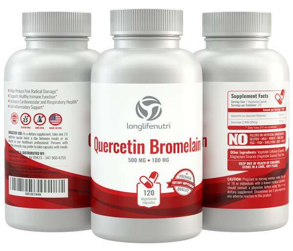 Quercetin 500 mg with Bromelain 100 mg - 120 Vegetarian Capsules - LongLifeNutri