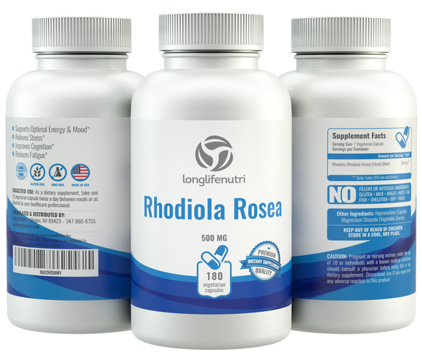 Rhodiola Rosea 500 mg - 180 Vegetarian Capsules LongLifeNutri
