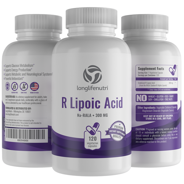 R-Alpha Lipoic Acid 300 mg - 120 Vegetarian Capsules - LongLifeNutri