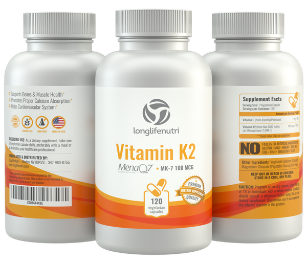 Vitamin K2 MK-7 100 Mcg - 120 Veggie Capsules LongLifeNutri